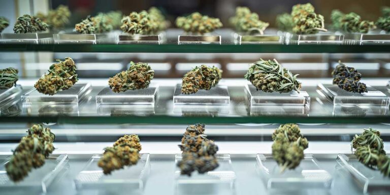 A person examining a printed cannabis lab report beside a cannabis product and packaging at a table.