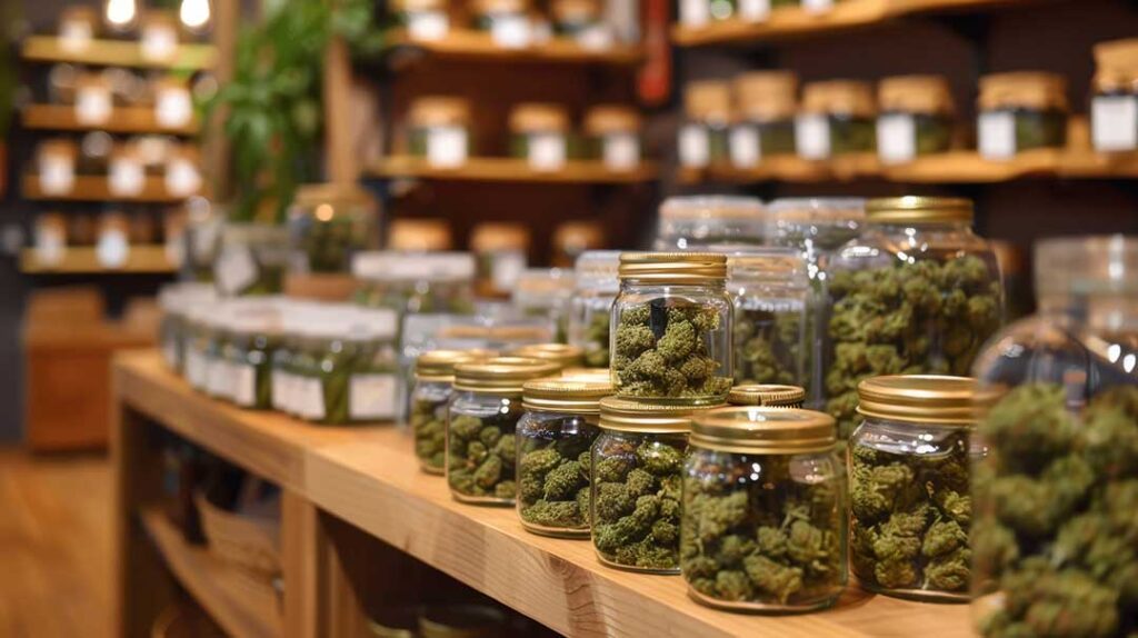 Adult reviewing cannabis use information beside a locked storage box and labeled product container.